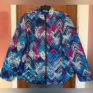 Weekends by Chico’s Quilted Zip Up Bright Geometric Lined Jacket White Blue-L